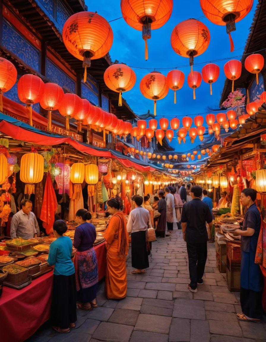 A vibrant marketplace showcasing diverse Asian cultures with colorful stalls featuring traditional clothing, exotic spices, and intricate handicrafts. In the background, depict a joyful festival scene with lanterns and dancers in traditional attire celebrating. Include a table adorned with various Asian cuisines, highlighting unique dishes and intricate table settings. Bright colors and lively atmosphere to reflect the rich tapestry of Asian traditions. super-realistic. vibrant colors. 3D.