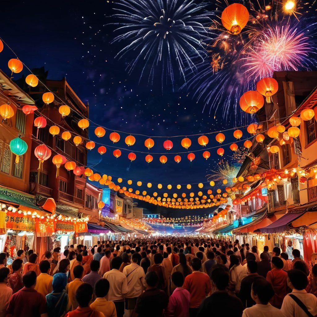 A vibrant scene capturing various Asian festivals, showcasing traditional costumes filled with vivid colors, adorned with intricate patterns. Include joyful crowds celebrating under colorful lanterns and fireworks lighting up the night sky, representing different cultures like Diwali, Lunar New Year, and Holi. The background should be a lively cityscape with stalls selling traditional foods and decorations, emphasizing a festive and cultural atmosphere. colorful. super-realistic. dynamic composition.