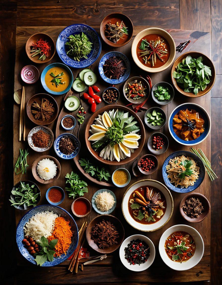 An exquisite spread of traditional Asian dishes beautifully arranged on a wooden table, showcasing vibrant ingredients like colorful herbs, spices, and fresh vegetables. Include intricate patterns from Asian textiles in the background to highlight cultural heritage. The scene should be infused with warm, inviting lighting to evoke the essence of a culinary journey. super-realistic. vibrant colors. warm lighting.